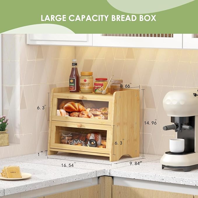 JANSNIMEN Large Bread Box for Kitchen Countertop, Double Layer Breadbox Bread Container Storage with Acrylic Door, Wooden Farmhouse Bread Holder (Bamboo, Large-16.54" L x 9.84" W x 14.96" H)