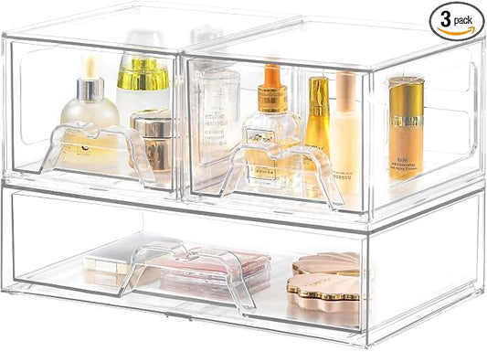 Stebopum 3 Pack Stackable Storage Drawers Clear Acrylic Organizer Makeup Bathroom Organizer and Storage for Beauty Supplies,Ideal for Vanity, Cabinet,Bathroom,Pantry Organization