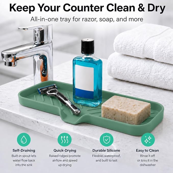 MicoYang Silicone Soap Dish with Drain Spout — Self-Draining Double Sink Organizer Tray for Kitchen & Bathroom, Dispensers, Sponges & Soap Holder, Non-Slip & Dishwasher Safe, Green (Large, 12"×4")