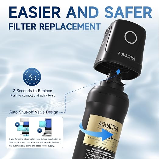 AQUALTRA USF01-BK Under Sink Water Filter System, 12K Gal, NSF/ANSI/CAN 372 Certified, Reduces PFOA, PFOS, Chlorine, Lead, Mercury, Chloramine, Fluoride, Microplastics Particles, Bad Taste & Odor