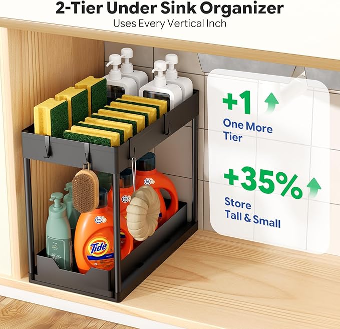 Ekisemio Under Sink Organizer 2 Pack, 2-Tier Pull-Out Bathroom Organizers and Storage, Sliding Cabinet Basket for Kitchen, Black | Sliding Drawer