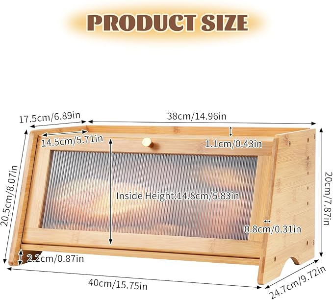 Bamboo Breadbox for Kitchen Countertop, Farmhouse Large Capacity Bread Container Storage Bin with Striped Window Door Panel, Vintage Bread Holder for Bagels, Muffins, Cupcakes & Cookies (Natural)