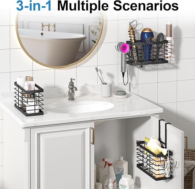 Sevenblue Hair Tool Organizer, 3-in-1 Universal Hair Dryer Holder, Adjustable Height Metal Blow Dryer Holder Wall Mounted/Over Cabinet Door/Free-Standing, 12.2 * 5 * 6.1" (XL Black)
