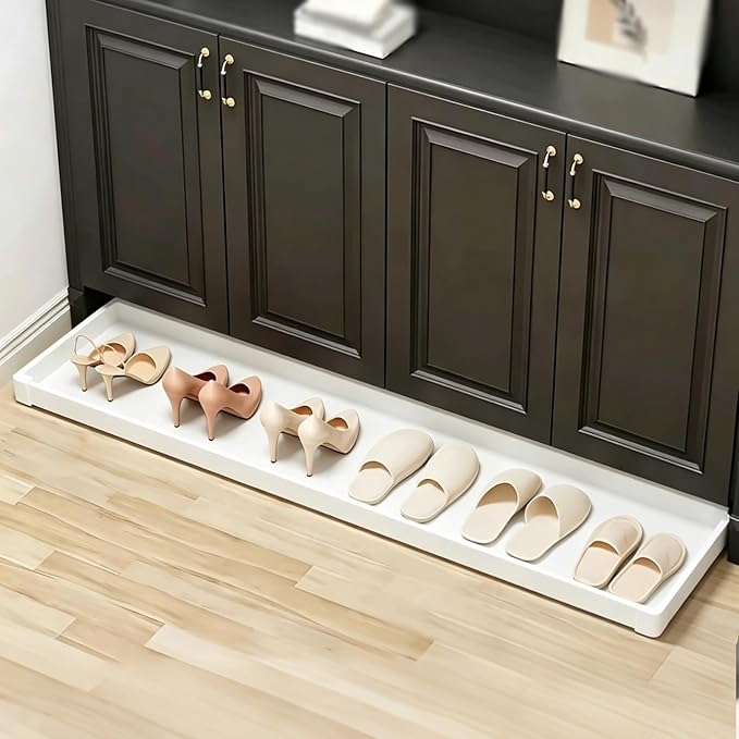 No-Drill Pull Out Drawer Shoe Rack Organizer,Damped Slide Rails Adjustable Width16-34 Inch, Push to Open Toe-Kick Shoe Rack for Cabinet Bottom(White,31.9 * 12.2in)