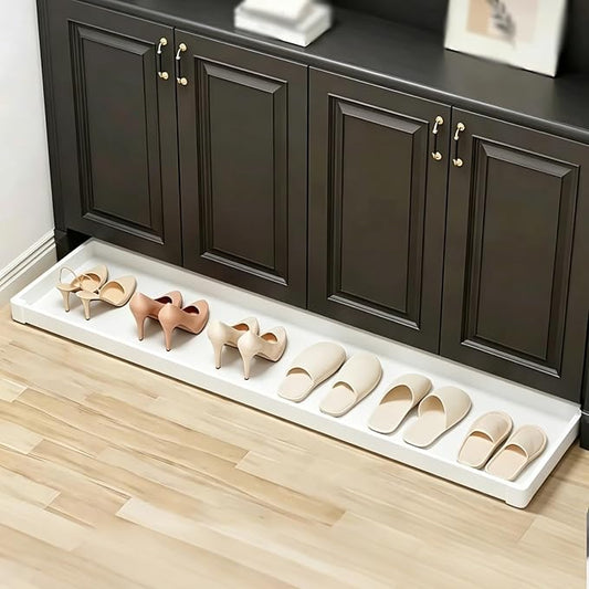 No-Drill Pull Out Drawer Shoe Rack Organizer,Damped Slide Rails Adjustable Width16-34 Inch, Push to Open Toe-Kick Shoe Rack for Cabinet Bottom(White,22 * 12.2in)