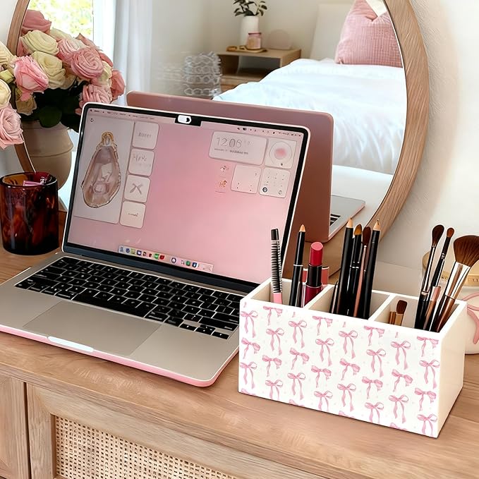 Pink Coquette Bow Pen Pencil Holder for Desk, Girly Office Decor, Preppy Pink Bow Aesthetic Wooden Box Sign Decorations for Girly Room Bedroom Dorm Office Desk Tabletop