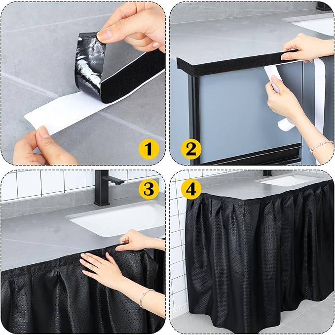 Fabric Sink Skirt Diamond Bathroom Stitch Self Stick Adhesive Waterproof Fabric Under Sink Curtain Skirt 55 x 32 Inch Adds Bathroom Storage(Black,Classic Style)