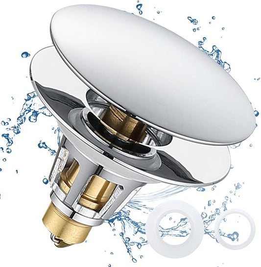 Universal Bathroom Sink Stopper, 1.1~1.5" Sink Drain Stopper, Full Size Bounce Bullet Type Pop Up Basin Drain Strainer, Chrome Anti-Clogging Sink Drain Filter with Hair Catcher (Silver)