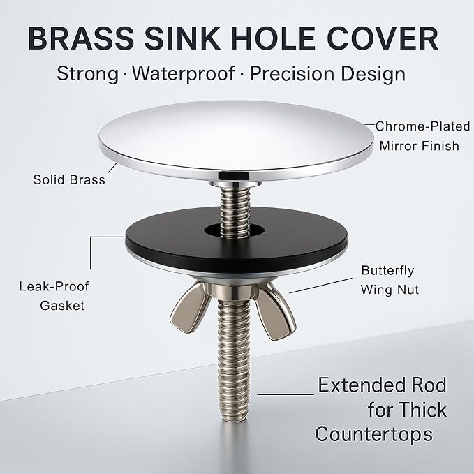 2 Pcs Solid Brass Kitchen Sink Hole Cover, 2 Inch Faucet Hole Cover, Polished Chrome Finish Tap Hole Plate Stopper Cover, Countertop Hole Cover for Kitchen and Bathroom Sinks (Polished Chrome)