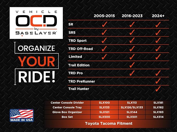 Vehicle OCD - Center Console Organizer for Toyota Tacoma (2016-2023) - Made in USA - SLX113