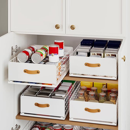 Pull Out Cabinet Organizer, No-Drill Pantry Drawers, Slide Out Shelves with Bamboo Risers for Lipped Cabinets,Ideal for Kitchen, Bathroom & Under Sink Storage (White, 13.8" Wide-21 Deep)