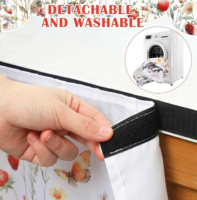 Fabric Sink Skirt Diamond Bathroom Stitch Self Stick Adhesive Waterproof Fabric Under Sink Curtain Skirt 55 x 32 Inch Adds Bathroom Storage (White,Wildflowers Style)