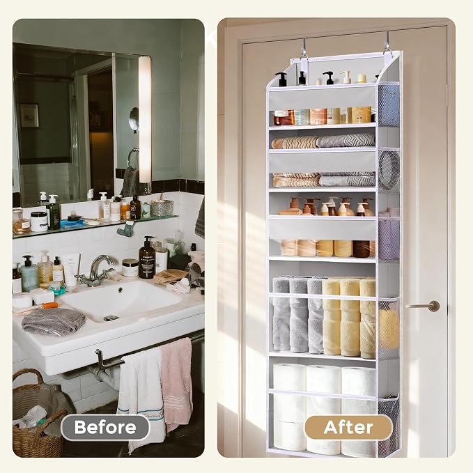 5 Tiers Over Door Organizer with 10 Mesh Side Pockets, 44 lbs Weight Capacity Hanging Storage Organizer with Clear Window Kids Toys, Shoes, Diapers, Light Gray