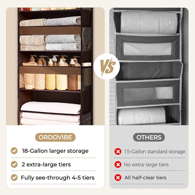 5 Tiers Over Door Organizer with 10 Mesh Side Pockets, 44 lbs Weight Capacity Hanging Storage Organizer with Clear Window Kids Toys, Shoes, Diapers, Dark Brown