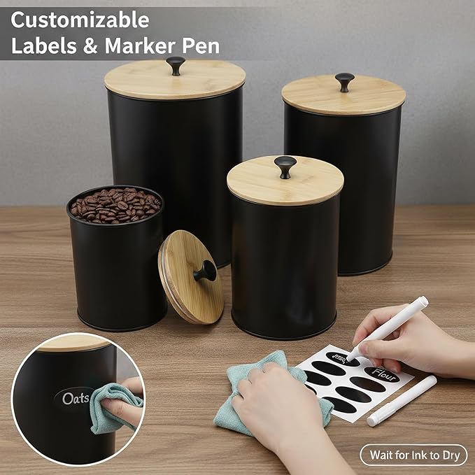 Canisters Sets for the Kitchen Set of 4 Kitchen Canisters for Countertop Airtight Black Flour and Sugar Containers with Bamboo Lids Labels and Marker for Pantry and Coffee Bar Decor