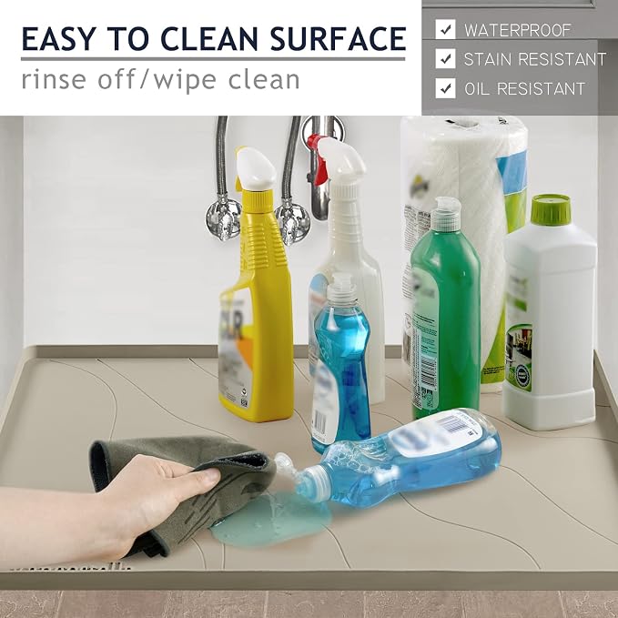 Heavy Duty Silicone Under Sink Mats for Kitchen Waterproof 37" x 22", Extra Thick Under Sink Rubber Mat Drip Tray, Raised Edge Under Sink Liner,Prevent Drips, Leaks, Spills,Brown