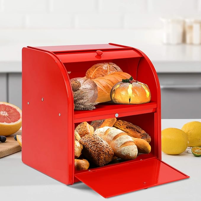 Widousy 2 Layer Metal Bread Boxes, Bread Box Storage Bin Kitchen Container with Roll Top Lid Iron Countertop Containers Metal Food Storage Bread Keeper Large Capacity Home Kitchen Counter（Red）