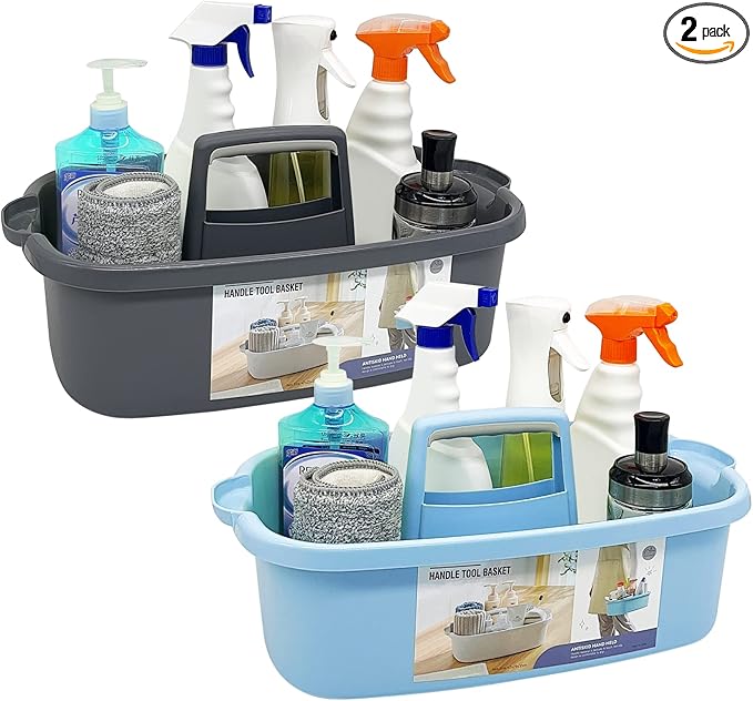 Goderewild 2 Pack Multi-Purpose Plastic Cleaning Caddy with Handle, Shower Caddy Organizer/Storage Basket/Totes Portable for Bathroom Supplies, Cleaning Products, Under Sink Tool. (blue+grey)