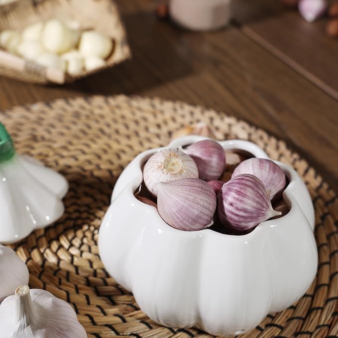 TOIVO Garlic Keeper for Counter，with Lid and Holes GarlicSaver,Garlic Holder Storage Container toKeep (white)