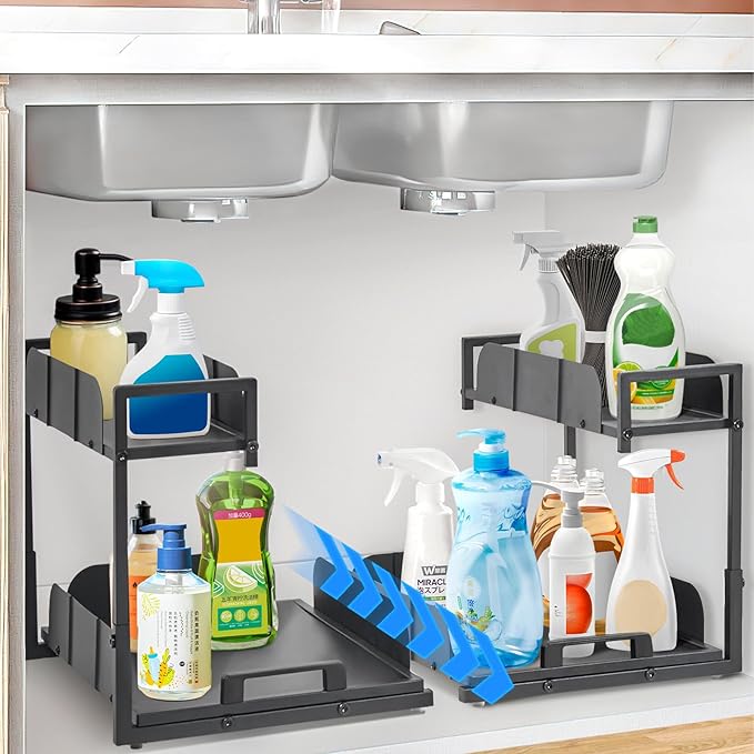 Under Kitchen Sink Organizer, 2 Tier Metal Pull Out Cabinet Organizer with Sliding Drawer, Heavy Duty Bathroom Organizers and Storage Shelf, Storage and organization for Home,Laundry,Office, 2 Pack