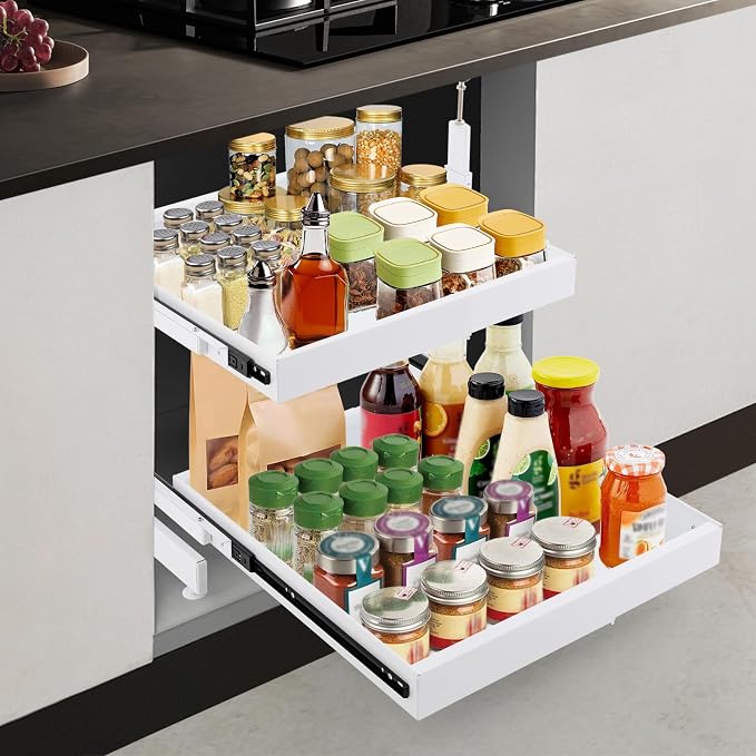 Pull Out Cabinet Organizer, Expandable Slide Out Shelves for Kitchen Cabinet (W 16"-24", H 18.5"-35.4"), No Drill 2-Tier Rolling Drawers, Slide Out Storage Rack for Pantry, Under Sink (White)