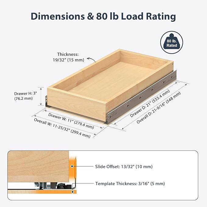 Pull Out Drawers for Cabinets - Birch Wood Pull-Out Drawer 11" W x 21" D - Soft Close Slide Out Shelves for Kitchen Cabinets & Pantry Cabinet Organizer, Heavy Duty, Full-Extension