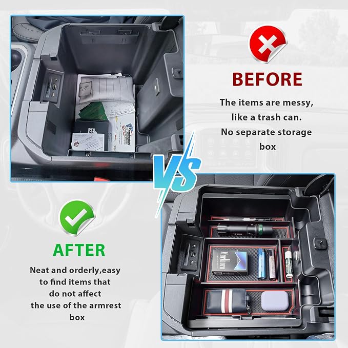 Center Console Organizer Compatible with 2019-2022 Chevy Silverado/Sierra 1500 and 2020-2023 Silverado/Sierra 2500HD 3500HD Accessories Armrest Full Size Tray,Full Console w/Bucket Seats ONLY,Red