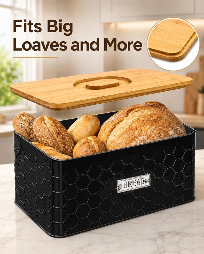 vensovo Bread Box for Countertop – Large Black Metal Bread Bin with Bamboo Cutting Board Lid, Farmhouse Bread Storage Container for Homemade Bread, Baked Goods & Kitchen Counter Organization