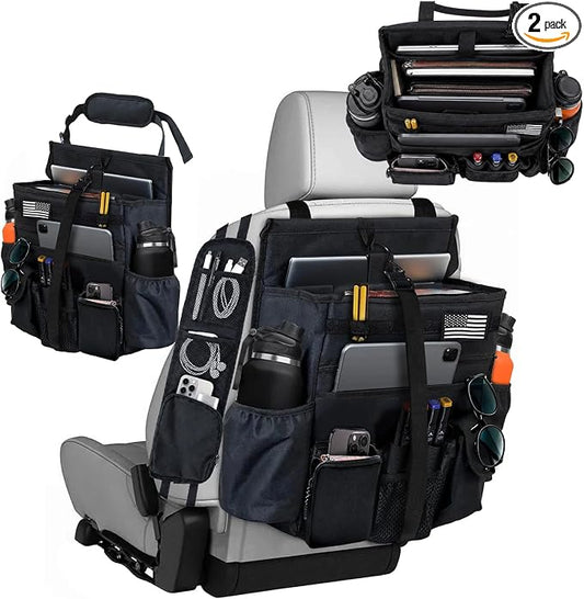 2 Pack Front & Seat back organizer with dedicated tablet and 17 IN laptop storage stabilizers external stabilizing side straps soft adjustable shoulder straps hardened buckle (Large Black)
