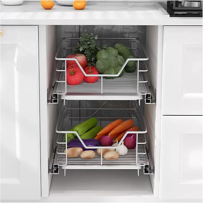 2 Pack Pull Out Cabinet Organizers with Removable Drip Tray, Slide Out Wire Storage Drawers, Heavy Duty Stainless Steel Gliding Cupboard Shelves for Kitchen, Under Sink, Bathroom