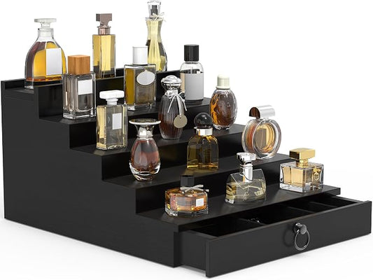 Cologne Organizer for Men, 5 Tier Black Wood Perfume Organizer with Felt Lining Drawer and Hidden Compartment, Perfume Display Holder, A Gift for Men