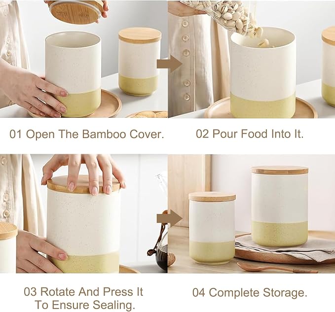 Food Storage Jars with Airtight Wood Lids,3-Pack Ceramic Canister Set for Flour Cereal Sugar Tea Coffee Beans Snacks– Modern Container Kitchen Pantry Storage Jar(White)