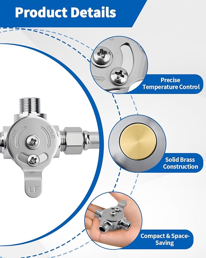 3/8" Manual Mixing Valve Hot Cold Water Temperature, Brass Water Mixing Valve with 2 Braided Faucet Connector, for Home and Bathroom Below Deck to Adjust Water Temperature