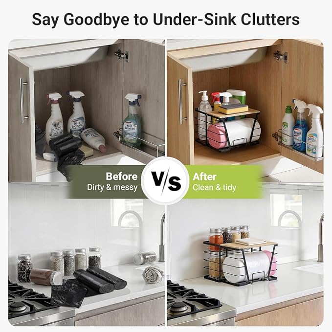 Trash Bag Dispenser 2 in 1 Under Sink Organizer, Large Garbage Bag Roll Holder with Bamboo Lid, Fits 13/30/33 Gal Bags, Open Back Storage for Tall Bottles, for Kitchen, Bathroom, Laundry Room(Black)