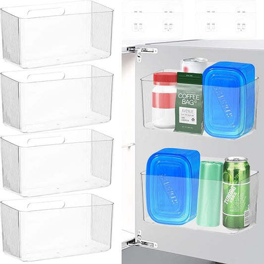 4 PCS Plastic Adhesive Mount Over Cabinet Door Organizer, Under Sink Door Storage Shelf Refrigerator Side Storage Box, Wall Organization Container for Kitchen Bathroom Office