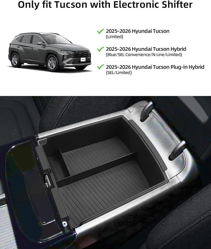 Double-Layer Center Console Armrest Organizer for 2026 2025 Hyundai Tucson(Limited)/Tucson Hybrid/Tucson Plug-in Hybrid, 2026 2025 Hyundai Tucson accessories-ONLY Fit Electronic Shift