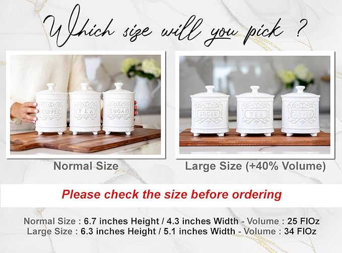 25DOL 35 Ounce Elegant Ceramic Kitchen Canisters Set of 3 - Beautifully Engraved Coffee Tea Sugar Storage Containers Airtight with Feet for Added Style and Stability - Ceramic Jar with Airtight Lid