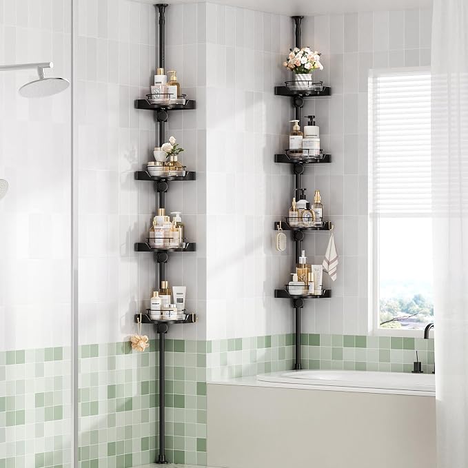akinbas 360° Rotating Shower Caddy Tension Pole with 4-Tier Rustproof Lazy Susan 35-128 Inch No Drilling Coner Shelves Adjustable Shower Rack for Bathroom Bathtub Washbasin Plant Storage (Black)
