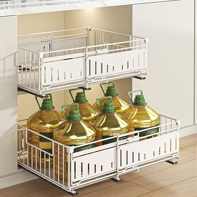 Expandable Pull Out Cabinet Organiser, No Drill Adhesive Slide Out Kitchen Drawer Shelf Durable Metal for Under Sink, Cupboard, Pantry, Adjustable Width (12.8"-19.7") (Style A White, 2 Pack)
