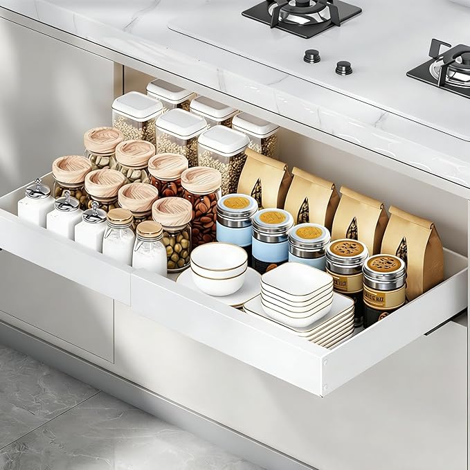 1PCS Expandable Pull Out Cabinet Organizer pots and pans organizer under cabinet Upgrade 3 Slide Rails Slide Out Drawers Roll Out Shelves Adhesive,Adjustable Width