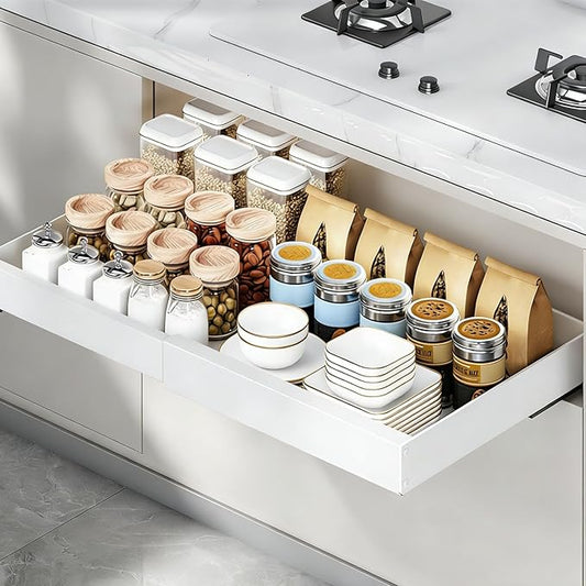 1PCS Expandable Pull Out Cabinet Organizer pots and pans organizer under cabinet Upgrade 3 Slide Rails Slide Out Drawers Roll Out Shelves Adhesive,Adjustable Width