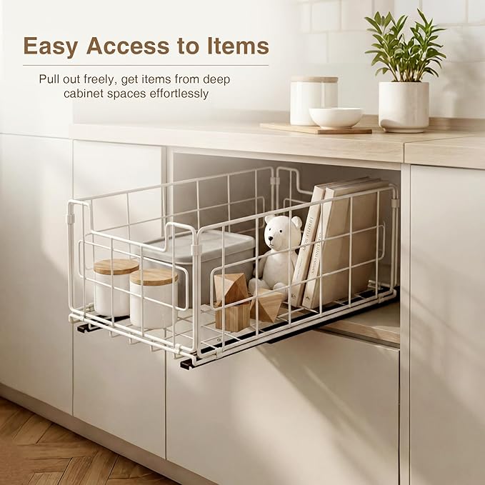 Pull Out Cabinet Sliding Basket Organizer, Heavy Duty Slide Out Drawer for Kitchen Cabinet, No Drill Adhesive Sliding Shelves for Kitchen Bathroom Home, 13.8" D x 8.5" W x 6.3" H,White-2 Pack