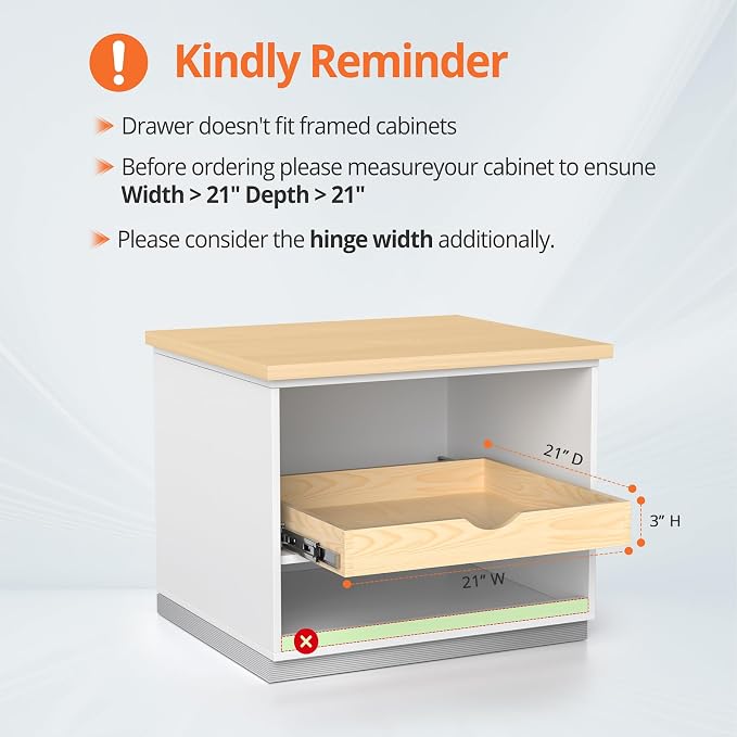 ZOINLIY 21''W X 21''D X 3''H Wooden Pull Out Drawer for Cabinet, Cabinet Organizer for Kitchen, Soft Close Slide Out Shelves, Heavy Duty, Full-Extension