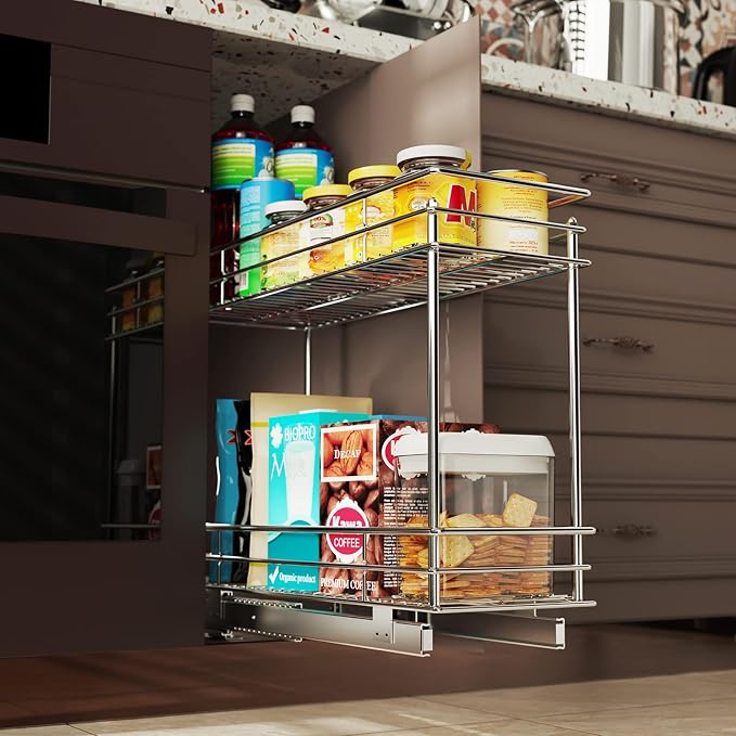 LOVMOR Pull Out Cabinet Organizer and Storage (5" W x 21" D) 2-Tier Pull Out Shelf Storage for Kitchen Base Cabinet Silver(5" W x 21" D, Silver, Roll on Top)