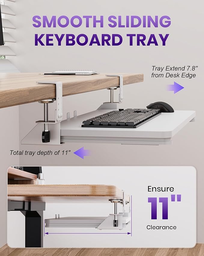 Ergonomic Keyboard Tray Under Desk, Pull Out with Adjustable C-clamp, 25.6 (31.5 Including Clamps) x 11.8 Inch Slide Out Computer Keyboard Drawer Mouse Tray for Typing, Large & White
