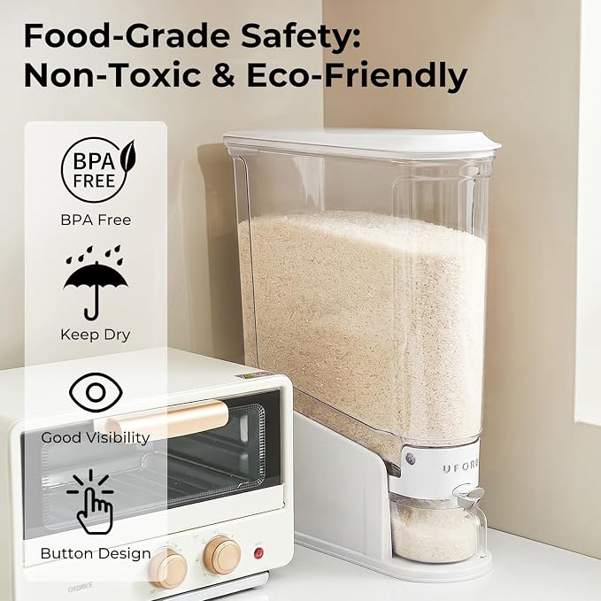 UFORU Rice Dispenser 22Lbs, Slim Rice Storage Container for Small Space, BPA-Free Clear Dry Food Dispenser Sealed Moisture Proof, Grain&Cereal Storage Bucket for Kitchen Pantry Household, White