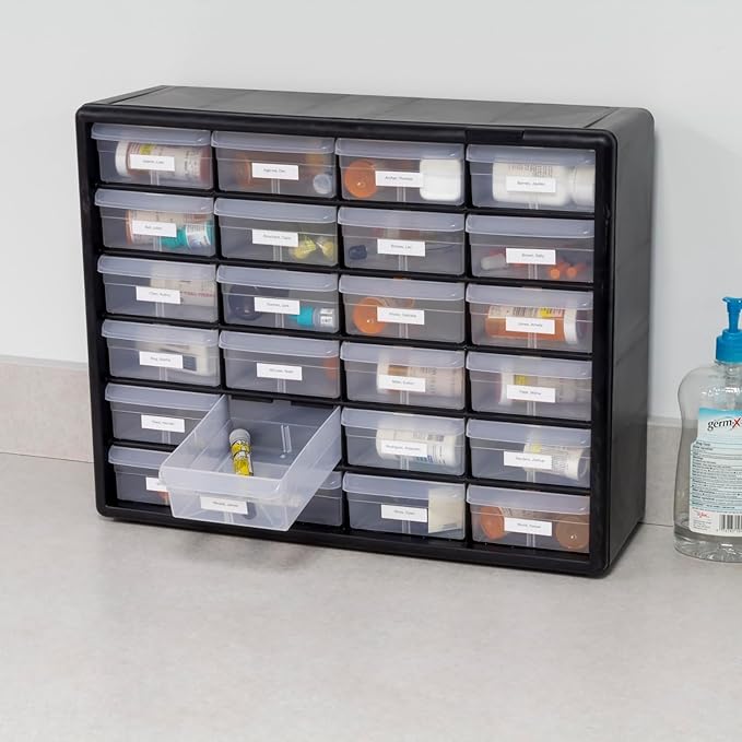 Akro-Mils 24-Drawer Plastic Drawer Storage Cabinet for Garage Organization, Bead Organizer, Building Bricks Storage, Teacher Toolbox, Makeup Organizer, 20" W x 6" D x 16" H, 10124 Black