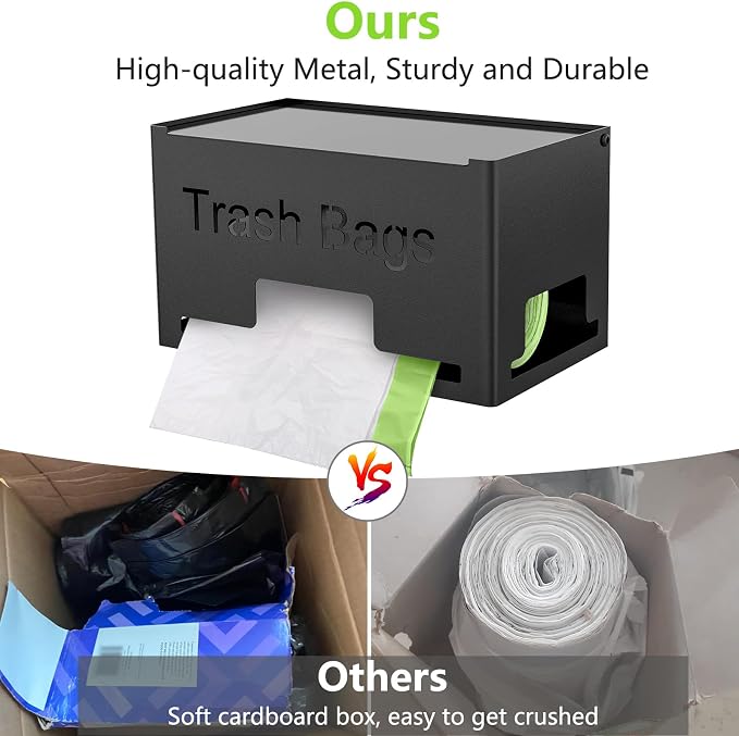 STWWO Trash Bag Holder, Metal Trash Bag Dispenser Roll Holder, Kitchen Trash Bag Organizer for Cabinet, Countertop, Wall Mounted or Freestanding, Black