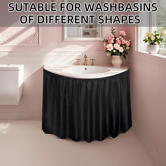 Fabric Sink Skirt Waterproof Self-Adhesive Bathroom Sink Skirt Diamond Stitch Design, 55 x 32 Inches, Adds Under Sink Storage (Black)