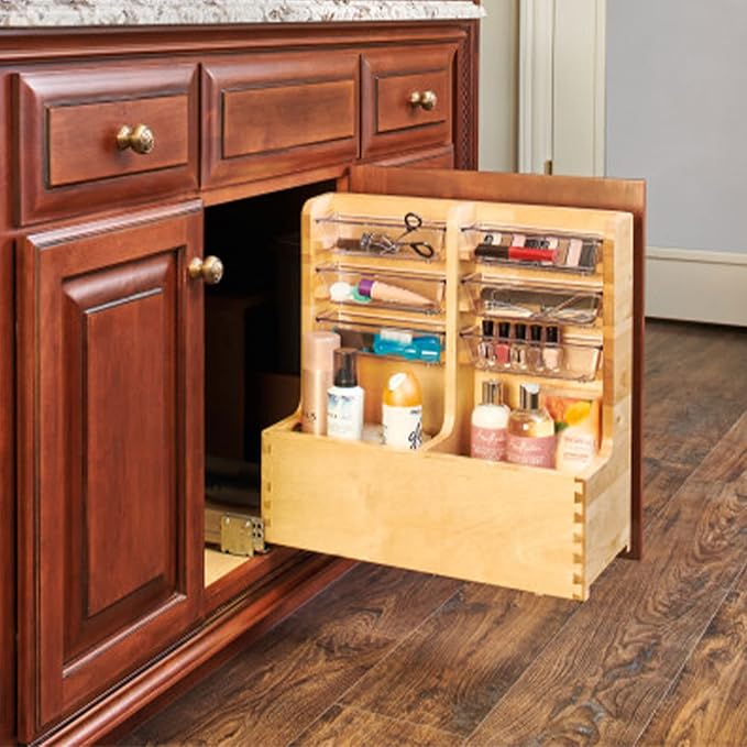 Rev-A-Shelf 30" Wood Vanity Sink Pullout Organizer Cabinet Storage with Soft-Close for Kitchen or Bathroom, Min Opening Width of 12", Maple Wood, 441-15VSBSC-1
